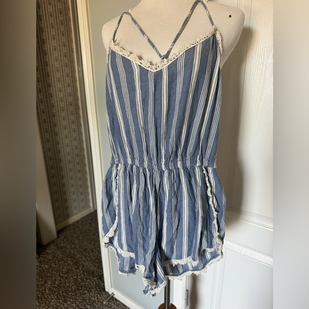 Abercrombie & Fitch Blue and White Striped Lace-Trim, One-Piece Romper in S